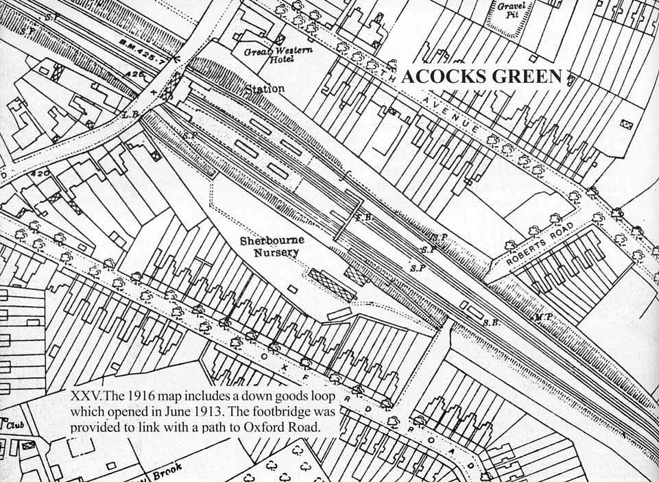 A 1916 Ordnance Survey map showing the four platform layout of the rebuilt Acocks Green & South Yardley station