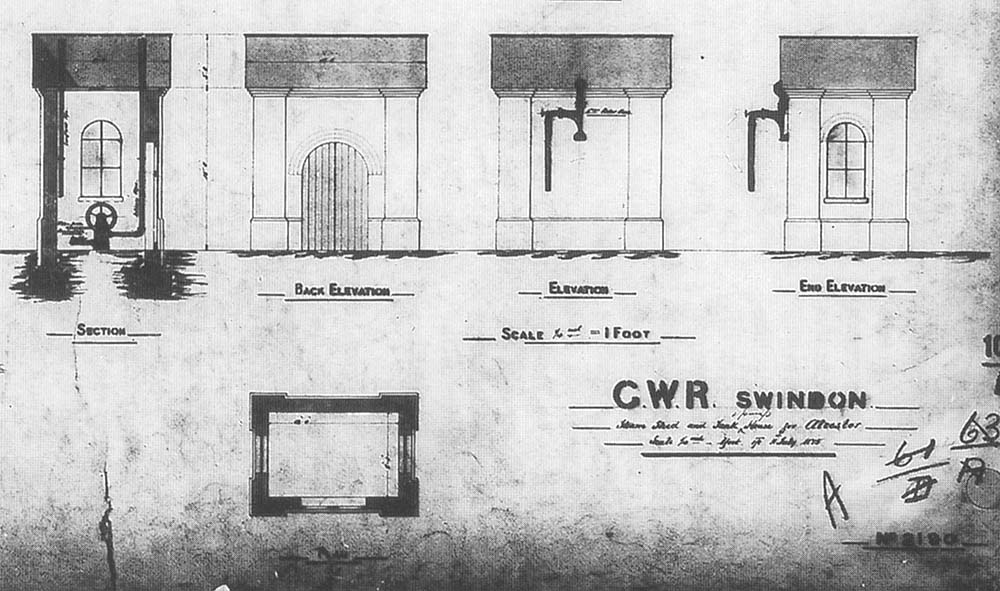 Close showing a plan, internal and external elevations of the engine shed's water tower