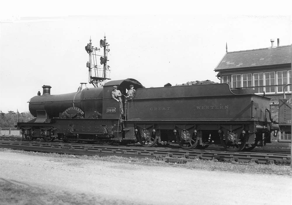 GWR 4-4-0 No 3449 'Nightingale', a member of the Bulldog class, waits by Bearley Junction East signal box