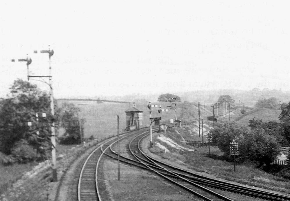 Close up showing Bearley North Junction signal box circa 1934 with the Bearley North Curve seen in the distance