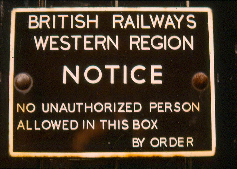 View of the cast-iron British Railways Western Region warning notice fixed to Evesham Road signal box