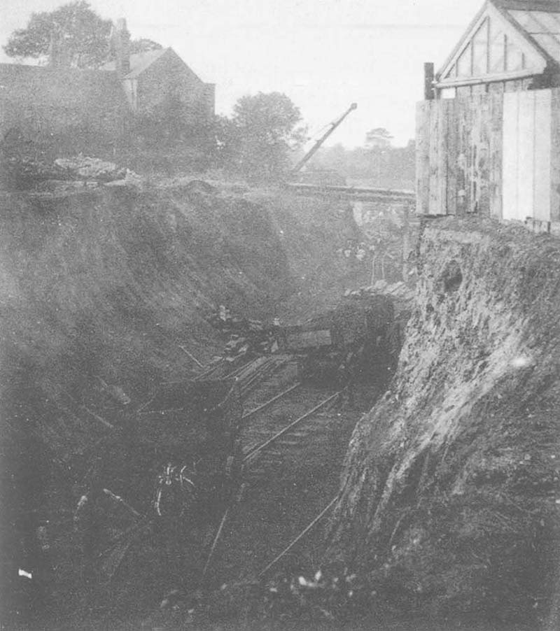 View of the construction of the North Warwickshire Railway near Hall Green with a horse drawn wagon in the foreground and a steam navvy in the distance