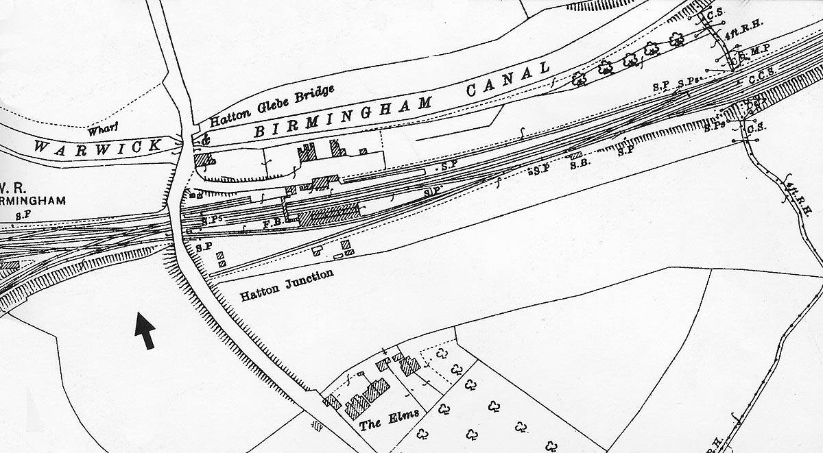 Map showing the layout of Hatton station, the branch line to Stratford on Avon and its goods facilities