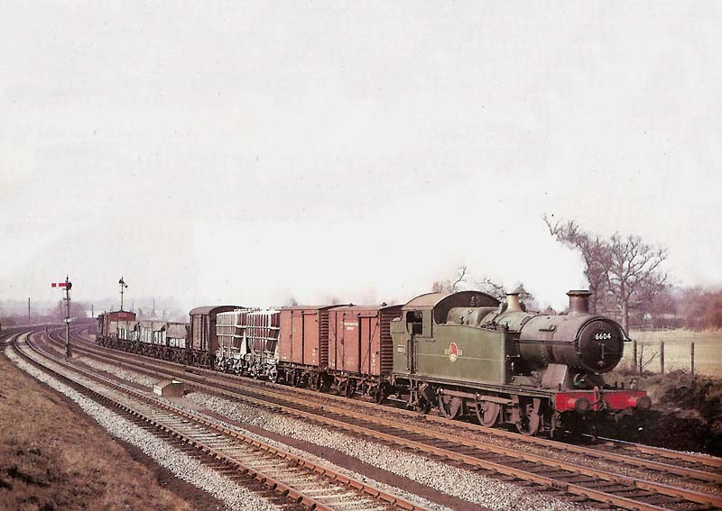 Ex-Great Western Railway 56xx class 0-6-2T No 6604 descends Hatton Bank on the up main line with a Bordesley to Leamington Spa local freight train on a clear morning in March 1962