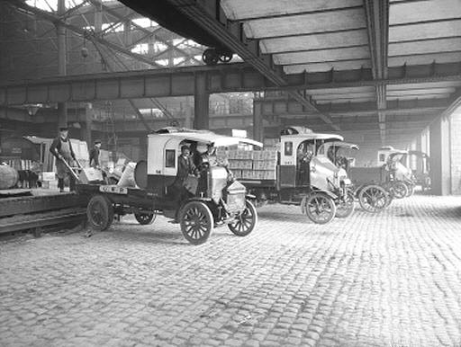 Goods being loaded for distribution to city businesses at the Hockley's old Outward shed circa 1927