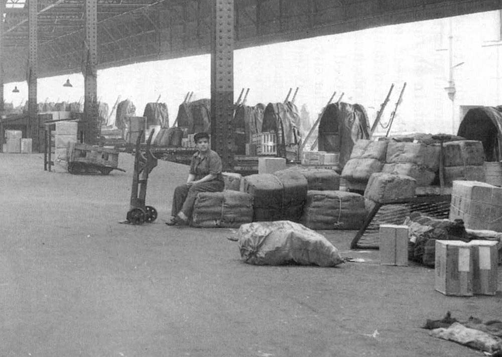 Close up showing Top shed's cartage area with rows of horse-drawn vehicles and a young female porter at rest