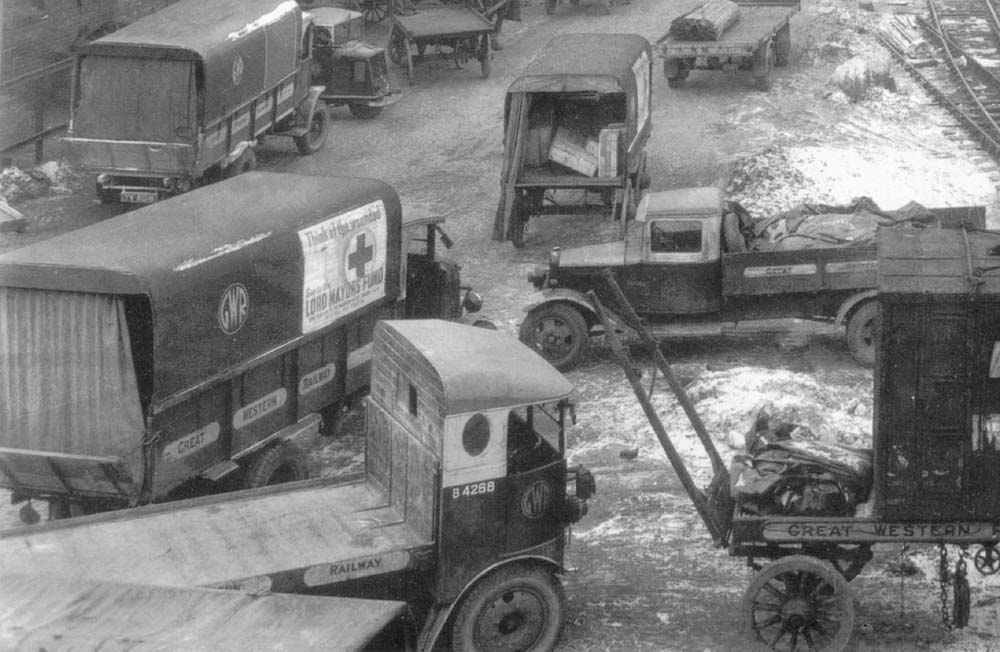 Close up showing the detail of several Great Western Railway lorries based at Hockley Goods Depot