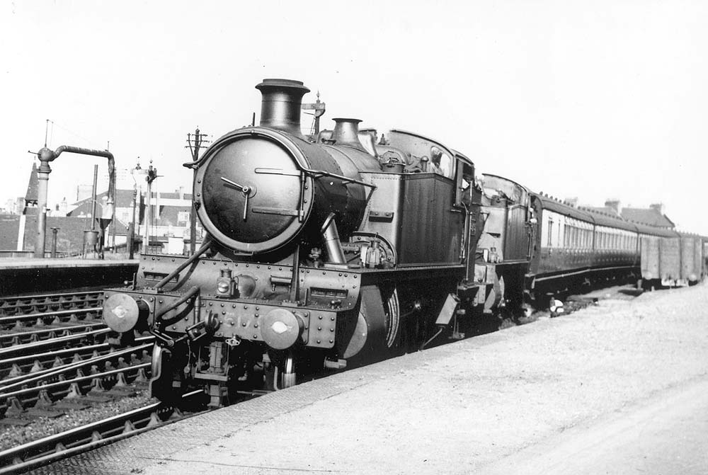 GWR 2-6-2T Prairies No 5179 and No 5134 arrive at Leamington's down platform with empty coaching stock circa 1936