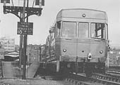 View of a three-car, four wheel ACV Lightweight Diesel Unit standing at Moor Street's Platform 1 with a local service