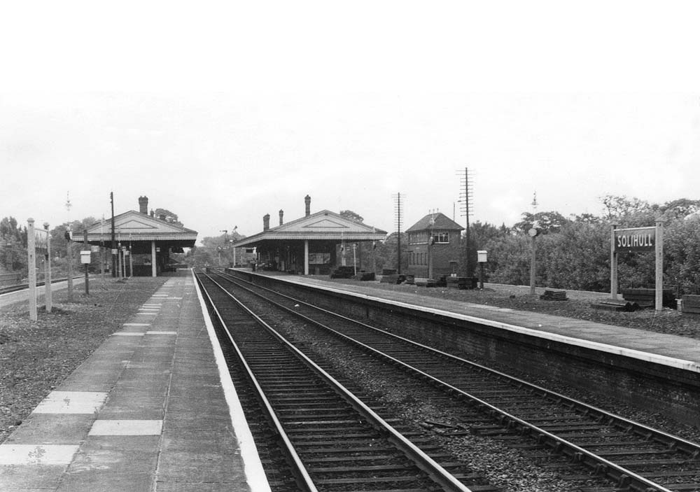 Panoramic view along the Down Main platform of Solihull station after rebuilding and looking in the direction of Leamington Spa