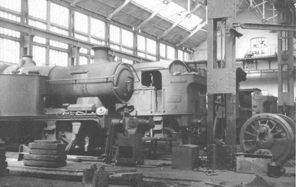 View inside Tyseley factory showing various GWR 2-6-2T 'Prairie class locomotives under repair reflecting the large number of passenger tank locomotives at Tyseley