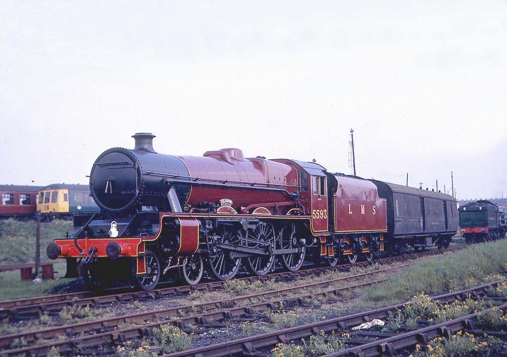 LMS 4-6-0 5XP Class No 5593 'Kolhapur' stands together with preserved GWR 4-6-0 No 7029 'Clun Castle' in the background  on 7th May 1968