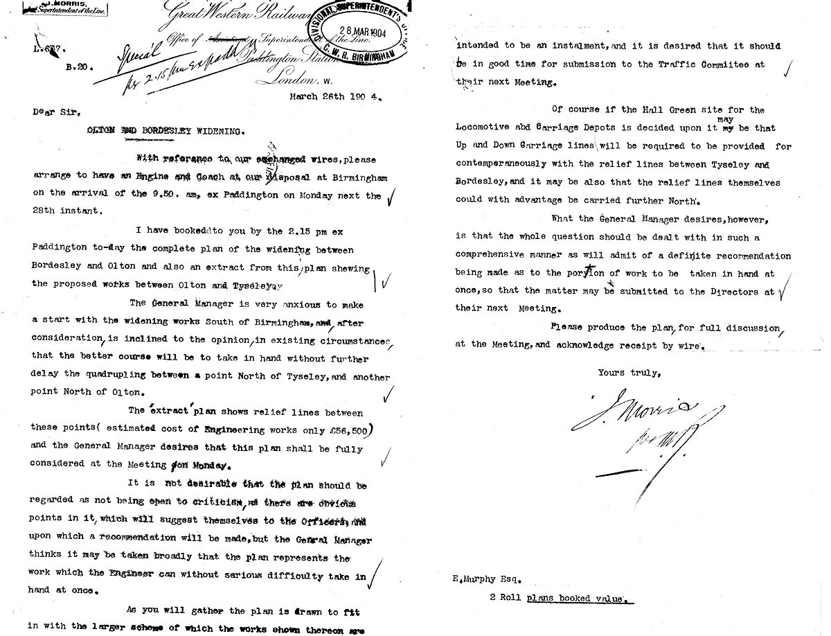 A 1904 letter from the GWR Civil Engineering Department about second thoughts about the suitability of the land acquired at Tyseley