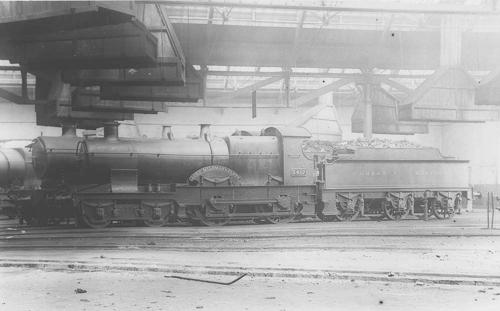 GWR 4-4-0 Bulldog class No 3417 'Lord Mildmay of Flete' is seen standing around one of Tyseley' turntables inside the shed on 21st June 1931