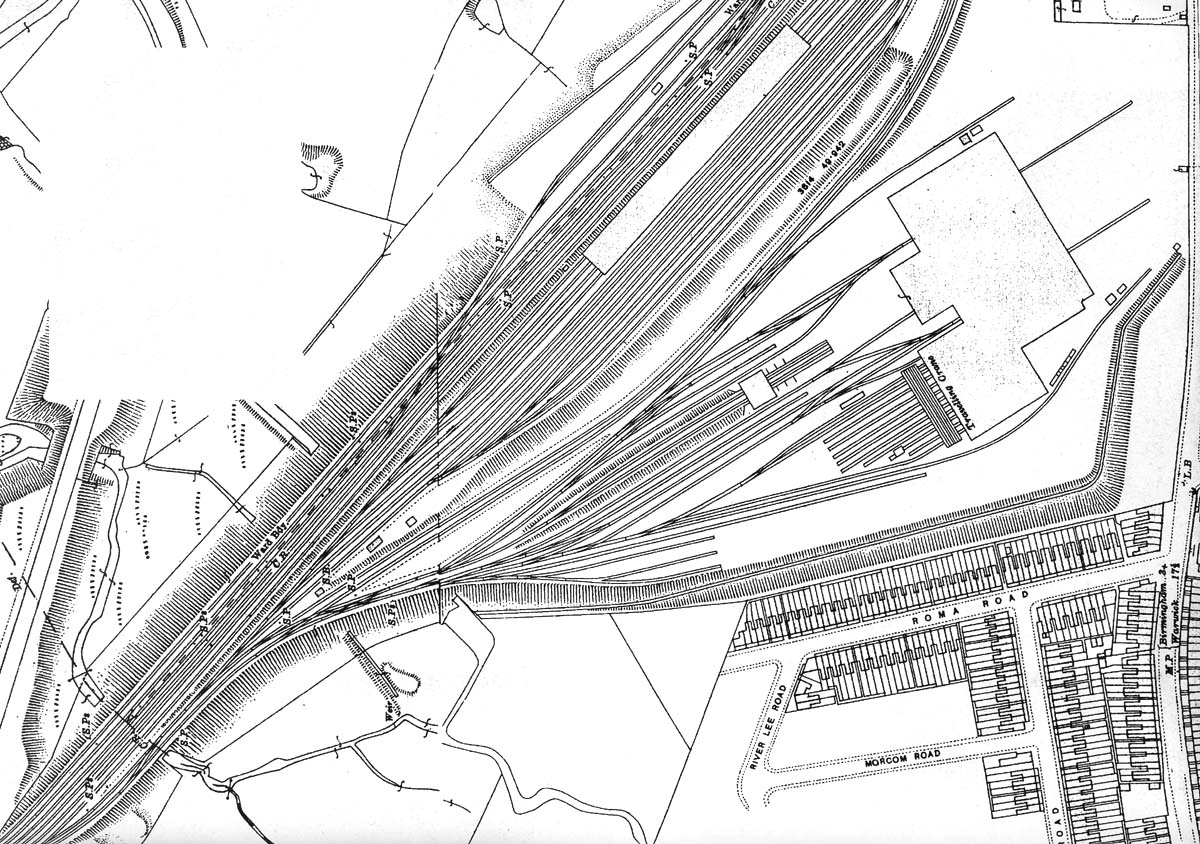 A 1916 Ordnance Survey map showing the station's proximity to the carriage sidings and shed