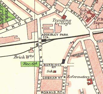 Map showing the juxtaposition of Adderley Park station with the surrounding neighbourhood