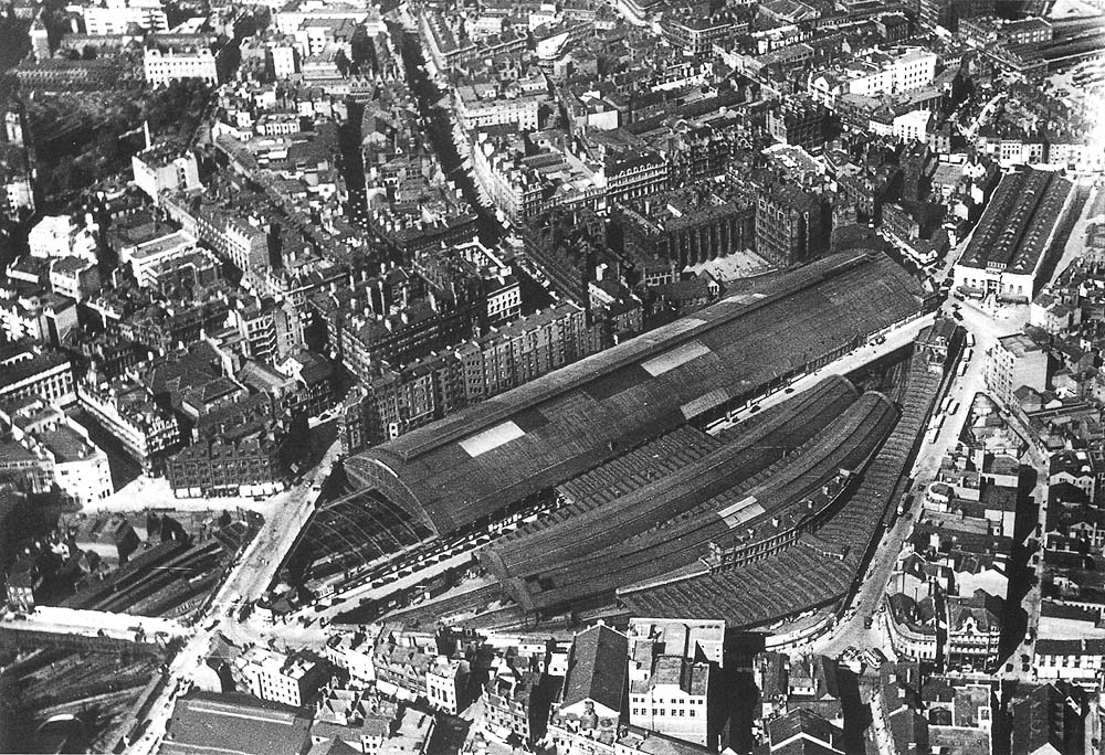 An aerial view of New Street station showing how the station dominated this part of the city centre with the Queens Hotel towering above the North side of the station