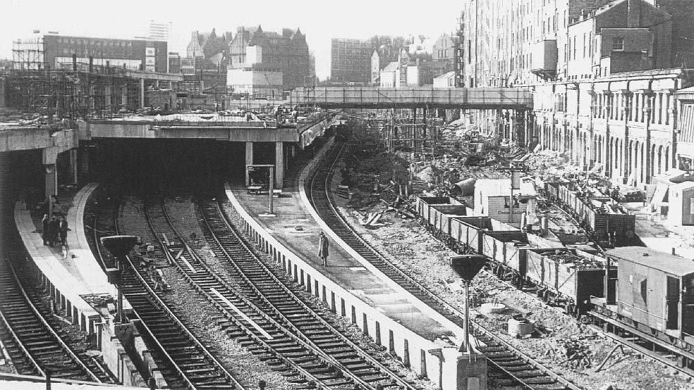 A view looking West of the final stages of the demolition of the original 1854 station with the Queen's Hotel on the right still towering over the station