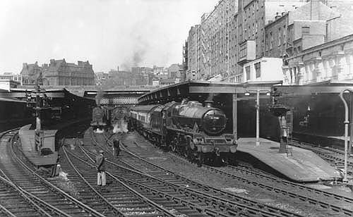 View from New Street No 1 Signal Box looking towards the Queens Hotel with the two bay platforms Nos 1 and 2 on the right and Platform 3, 4 and 5 to the left