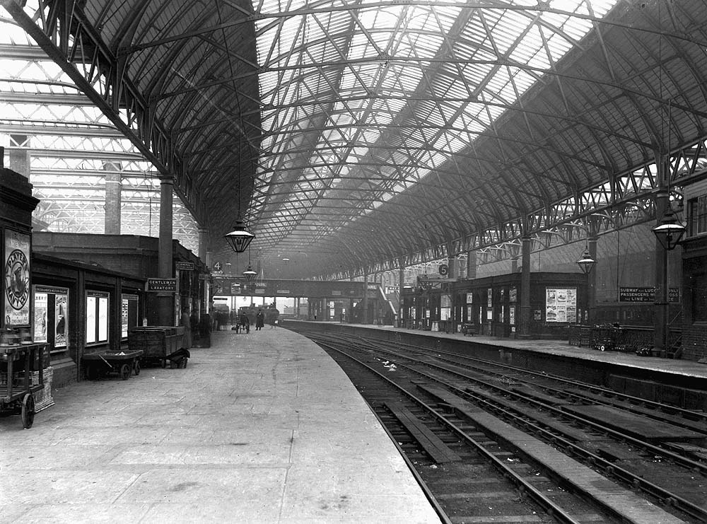 View from the West end of the extension along Platform 4 towards Derby with Platform 5 and New Street No 4 Signal Box  on the right on 12th October 1903