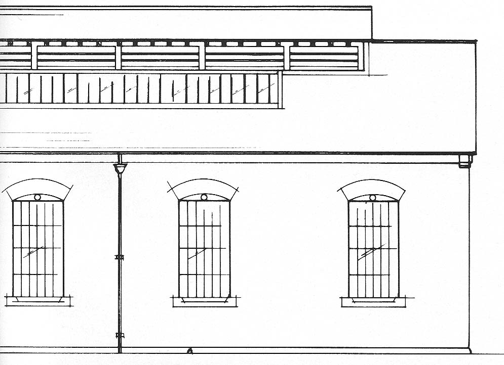 The front section of the side elevation of the 1867 Locomotive Steam Shed designed by Stafford drawing office
