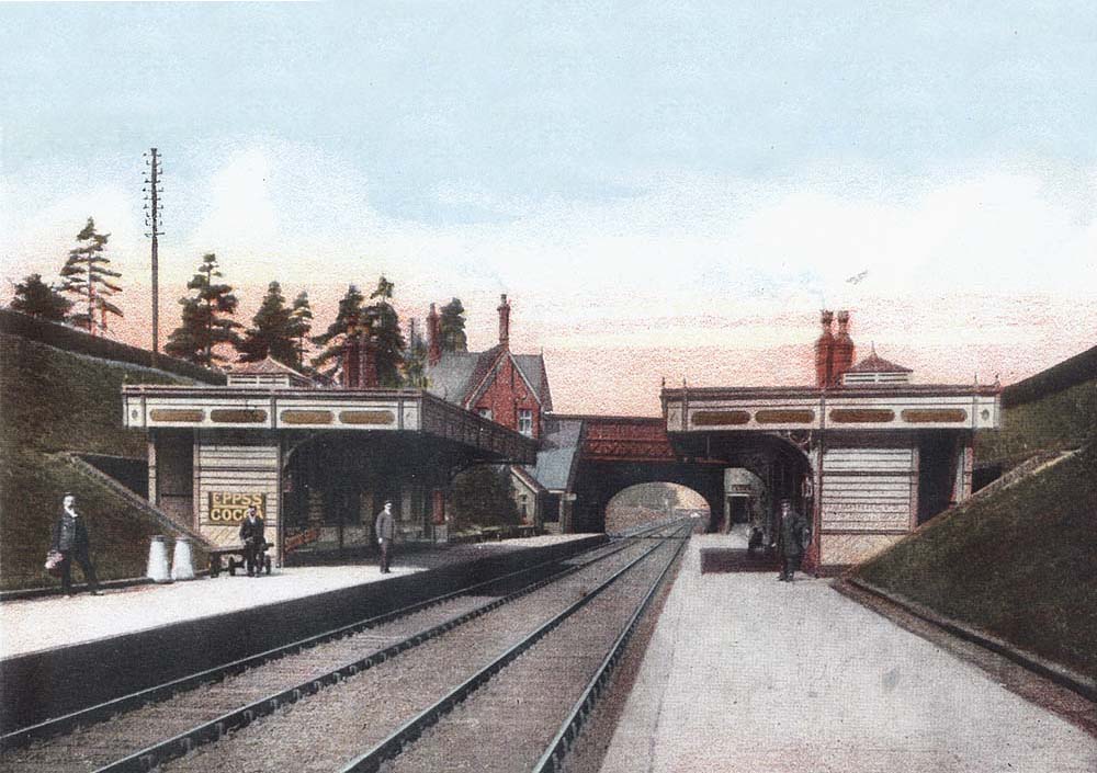 A colour view of Hampton in Arden station looking towards Birmingham taken sometime at the turn of the 19th century