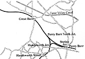Map showing the location of Handsworth Junction in relation to Perry Barr North Junction and Station Junction