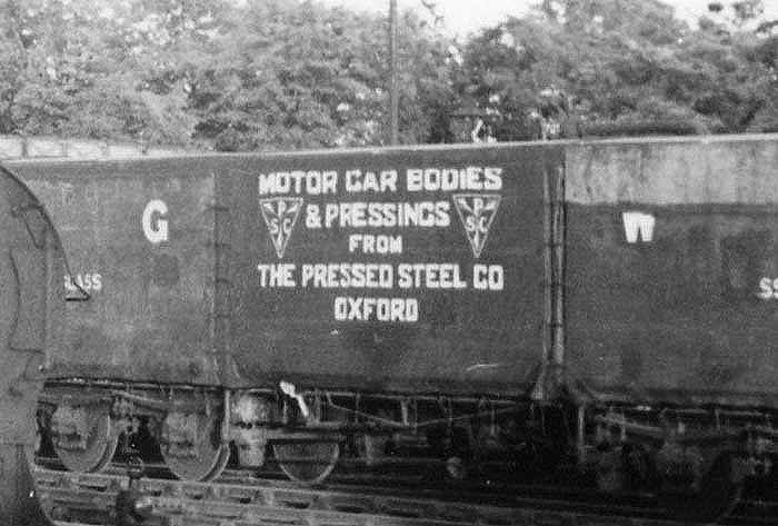 Close up showing a GWR bogie wagon for carrying steel car pressings en-route from Oxford to one of Coventry's many car factories