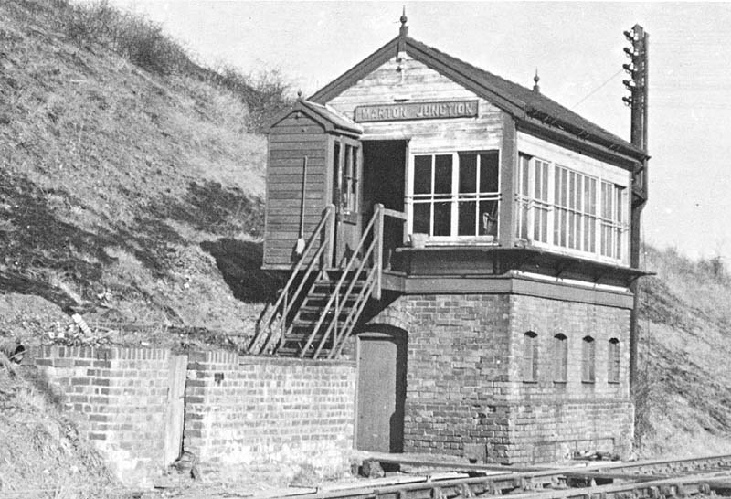 View of Marton Junction signal box showing the coal bunker on the left and the toilet facilities outside the signal box door