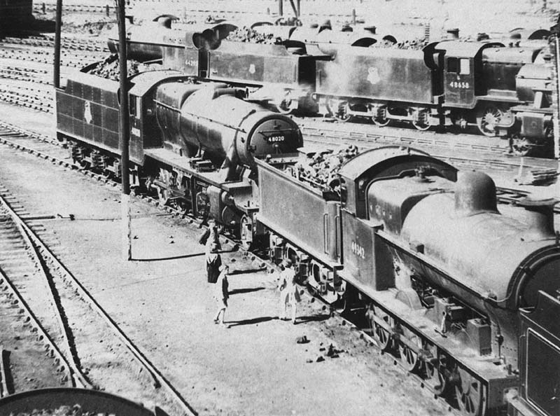 Nuneaton yard with ex-LMS 0-6-0 4F No 44292, ex-LMS 2-8-0 8F Nos 48658 & 48020 and ex-LNWR 0-8-0 class G2a No 49342 standing on shed