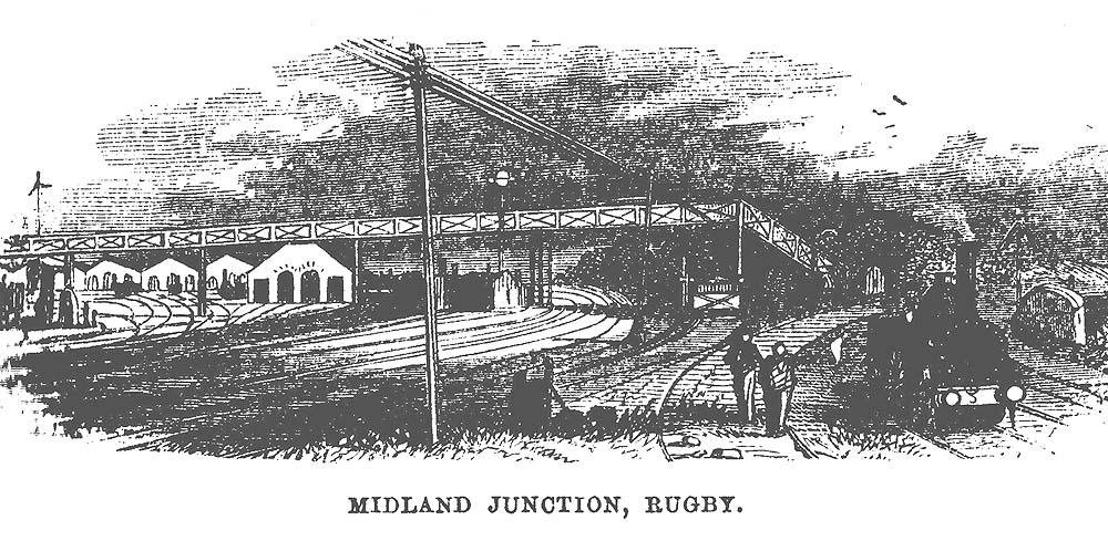 Looking towards Stafford showing the wooden bridge and behind on the left Rugby's 1850s engine shed