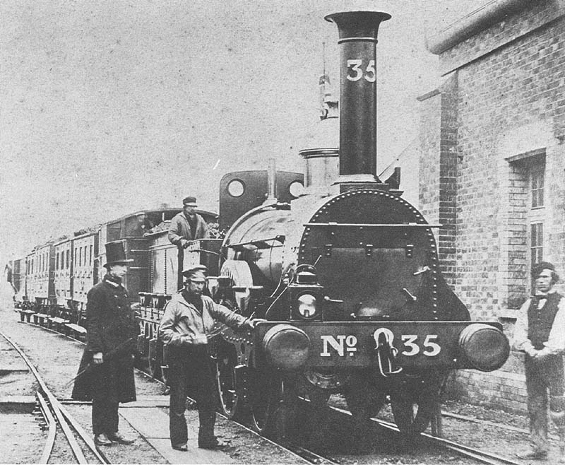 View of LNWR 2-2-2 No 35, a 'Sharp Single' locomotive of the Southern Division on a Market Harborough train