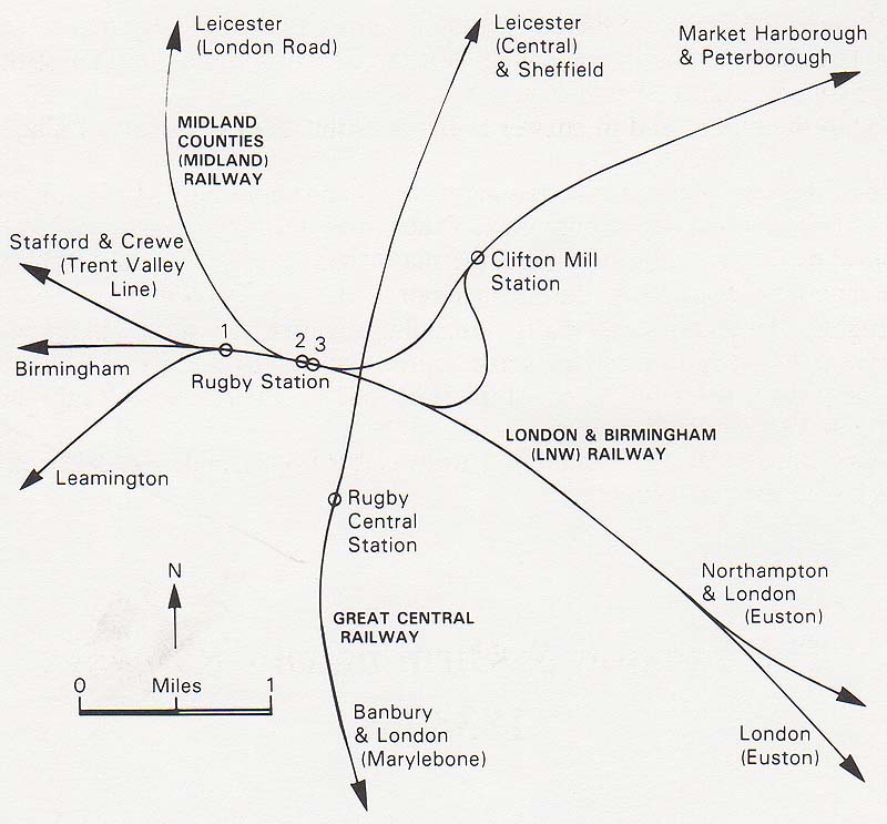 Schematic outline plan showing the locations of Rugby's three stations erected between 1840 and 1885