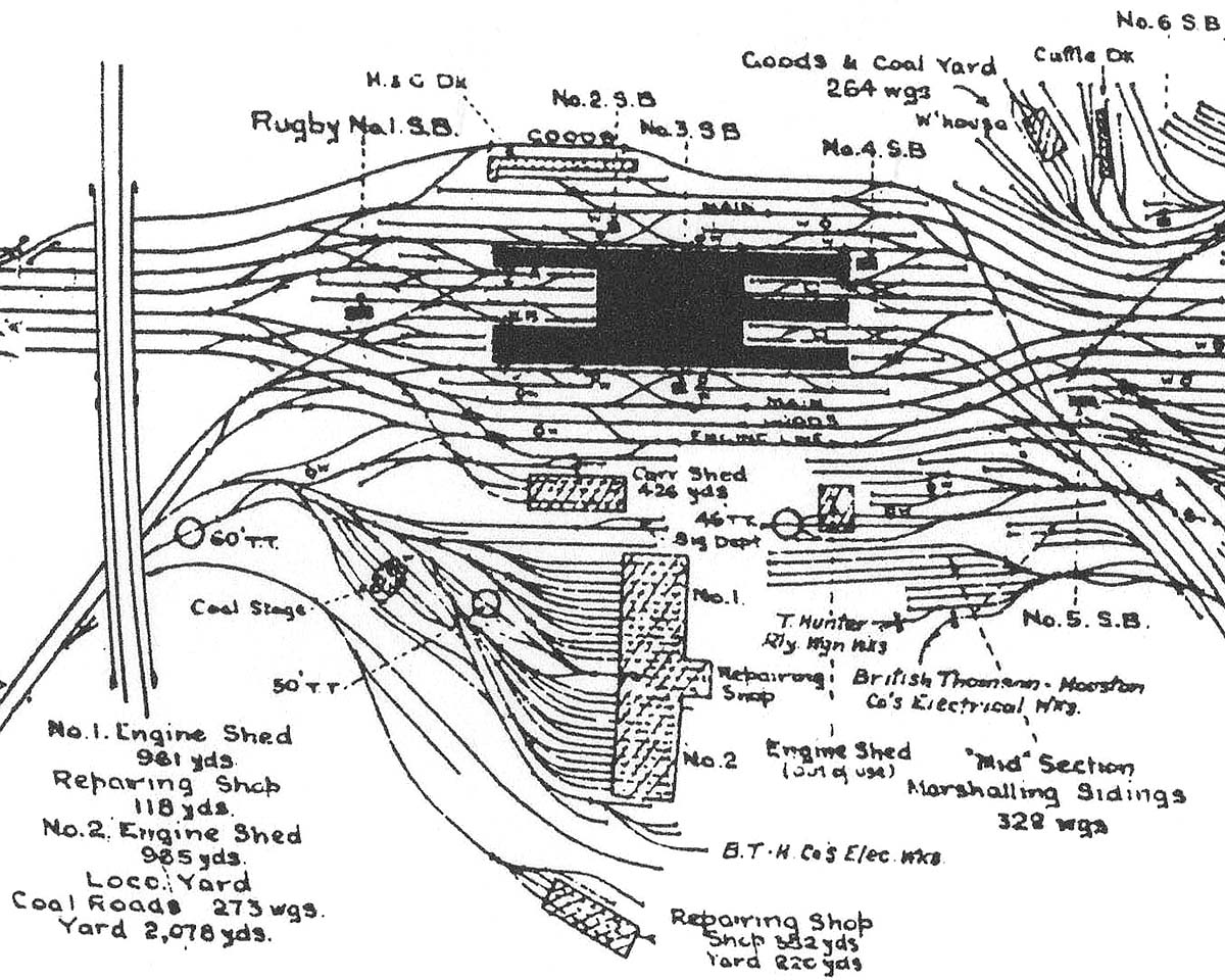 Schematic plan showing the configuration of the lines around the passenger station and the two sheds