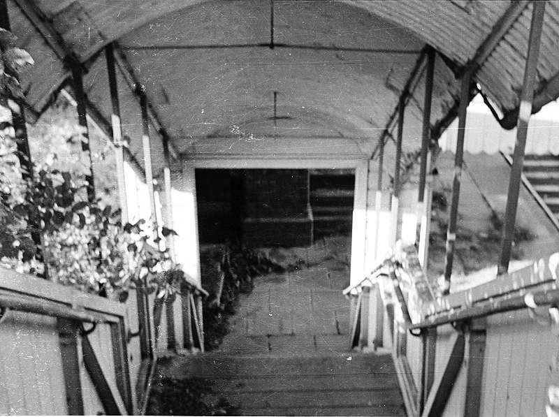 View looking down the inside of the steps from the road bridge down to Southam & Long Itchington station's down platform