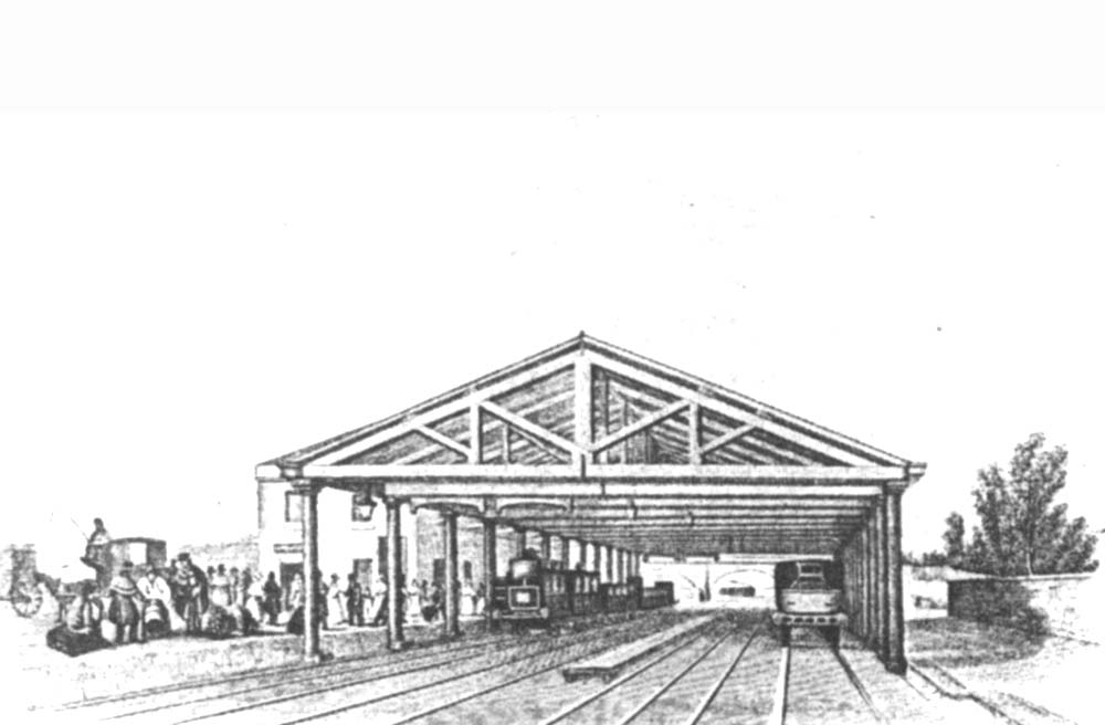 View of Vauxhall station serving as the Grand Junction Railway's temporary Birmingham terminus in 1837