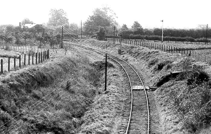 Looking towards the junction with the Midland Railway's Evesham to Birmingham line with the GWR engine shed on the left