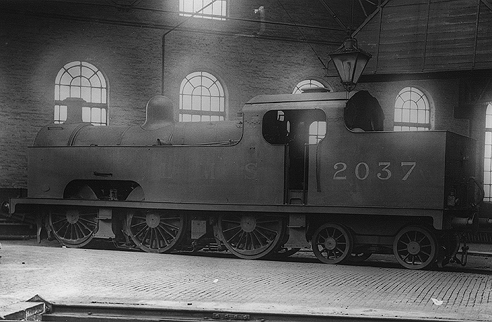 Ex-MR 0-6-2T 3P 'Flatiron' No 2037 stands inside the shed on Saturday 15th June 1935