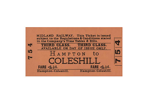 A Midland Railway Third Class Hampton to Coleshill Day Ticket showing a fare of 4 old pence