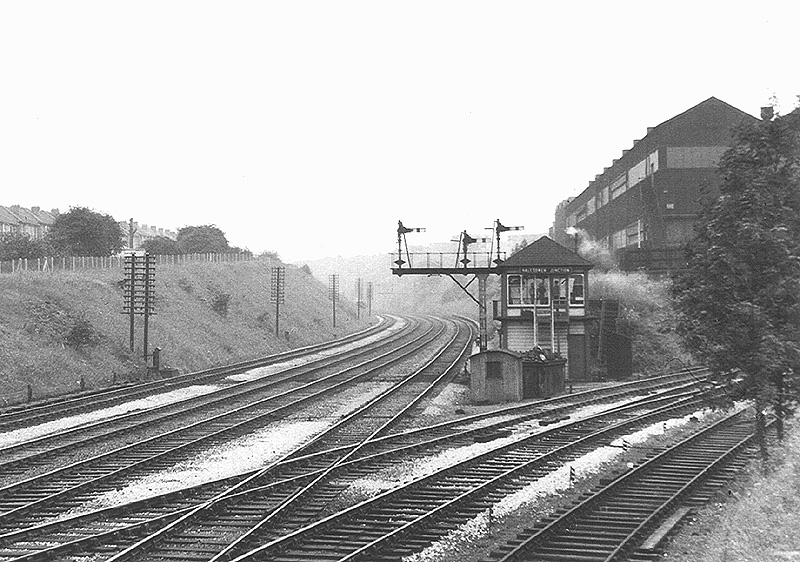 Looking towards Barnt Green station with Halesowen Junction leading off to the right on 21st July 1956