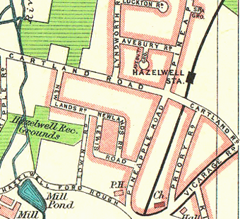 Map showing the location of Hazelworth station and its juxtaposition with Cartland Road
