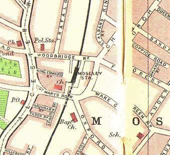 Map showing the location of Moseley Station and its relationship to St Mary's Way and Woodbridge Road