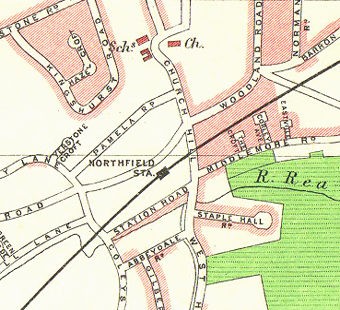 View of the location of Northfield station and the proximity of Station Road with Church Hill and Middlemore Road