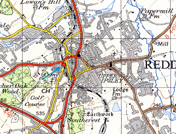 Ordnance Survey map showing the position of the station and the Evesham - Barnt Green line in relation to Redditch town