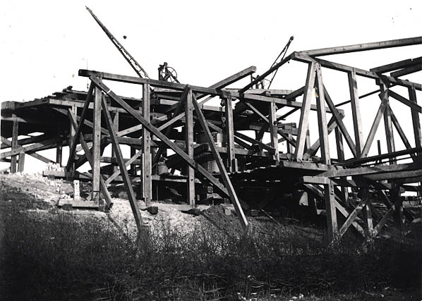 View of one of the three piers being built to support the bridge's steel girders used to span the Oxford Canal