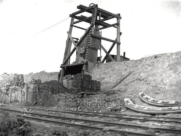The timber framed headgear sited at the top of Shaft No 8 of Catesby Tunnel