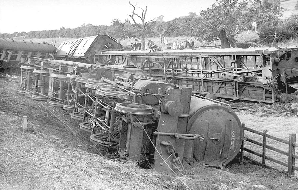 Ex-LNER Class V2 2-6-2 No 60828 is seen derailed after an accident near Barby Sidings on 7th August 1955