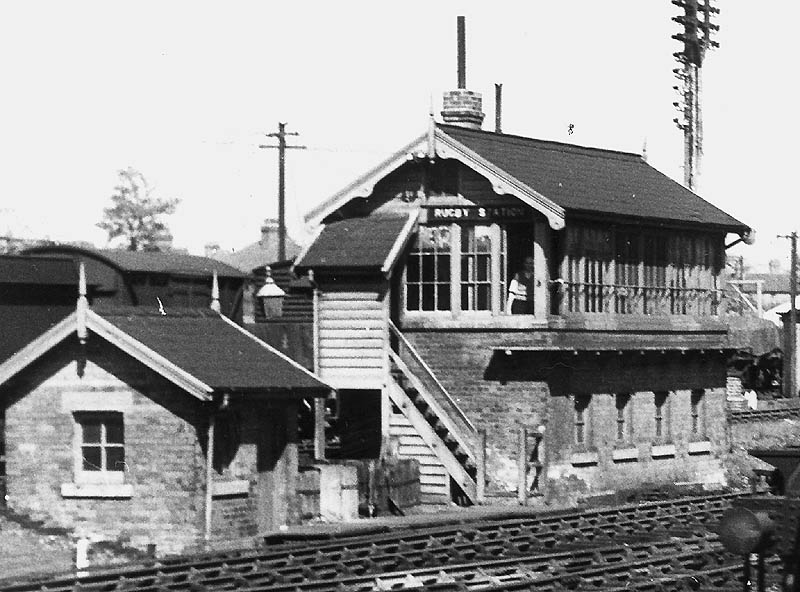 Close up showing Rugby GC station's signal box which controlled the goods yard and the station section