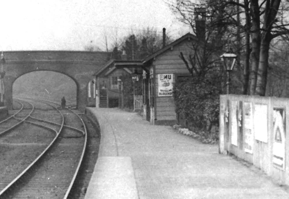 Close up of the Birmingham end of the up platform showing Acocks Green first signal box which was replaced in 1907 and the up passenger building