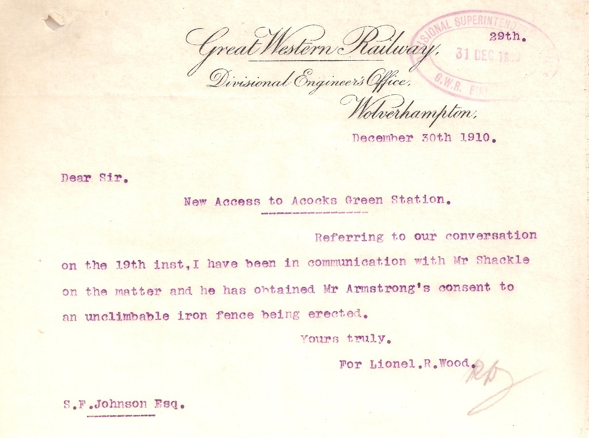 Letter from Divisional (Civil) Engineer to Divisional Superintendent of the Line written in 1910